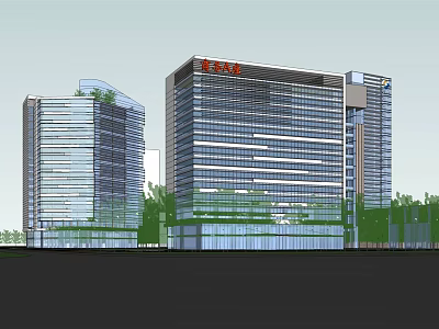 Modern High Rise Office Building Exterior Design With Glass Curtain Wall And Greenery 3d model