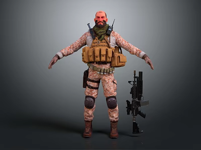 Tactical Game Movie Character In Camouflage Uniform With Rifle And Knee Pads 3d model