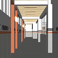 School Corridor With Red Doors Wooden Ceiling And Gray Orange Walls