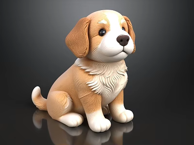 Cute Brown And White Plush Dog Doll Sitting On Dark Background With Soft Fur Texture 3d model