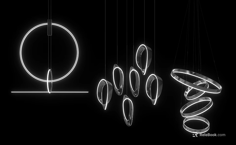 Modern Illuminated Chandeliers for Interior with Circular Rings and Spiral Geometric Designs 3d model 