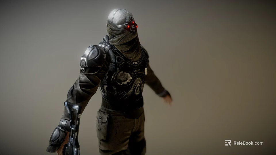 Man In Black Combat Armor With Red Glowing Eyes And Mechanical Helmet Details 3d model 
