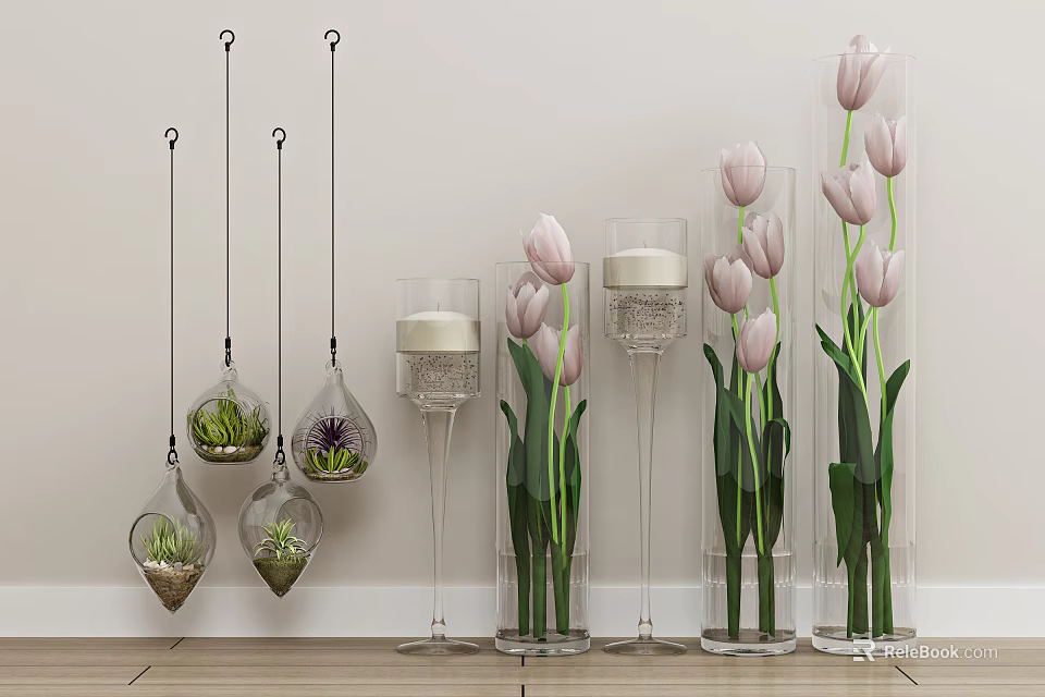 Transparent Glass Vases With Pink Tulips And Hanging Glass Containers For Home Decor 3d model 