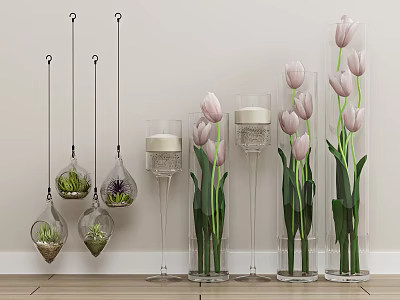 Transparent Glass Vases With Pink Tulips And Hanging Glass Containers For Home Decor 3d model
