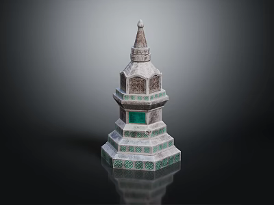 Traditional Multi Tiered Pagoda With Green White Decorative Elements And Pointed Spire 3d model