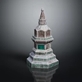Traditional Multi Tiered Pagoda With Green White Decorative Elements And Pointed Spire