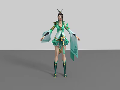 Game Movie Character In Green Traditional Outfit With Ornate Hairpiece And Flowing Ribbons 3d model