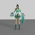 Game Movie Character In Green Traditional Outfit With Ornate Hairpiece And Flowing Ribbons