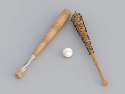 Sports Equipment Set With Two Wooden Baseball Bats And A White Practice Baseball 3d model