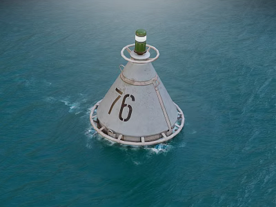 Ocean Buoy With Green Light Top And Number 76 Floating On Calm Blue Water Surface 3d model