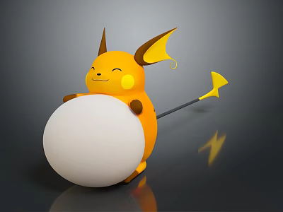 Smiling Yellow Electric Creature Holding White Ball with Pointed Ears and Lightning Tail 3d model