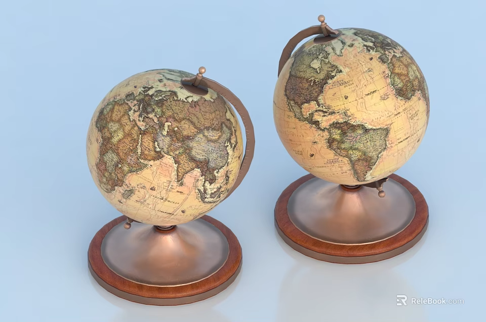 Decorative Globe Ornament Set With Wooden Base And World Map Design 3d model 
