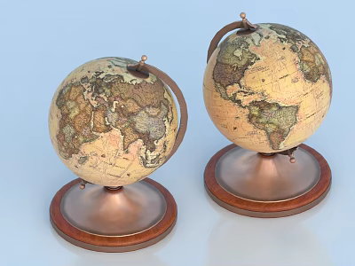 Decorative Globe Ornament Set With Wooden Base And World Map Design 3d model