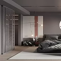 Modern Bedroom Interior Design With Gray Bed Round Decorative Painting Nightstands And Rug