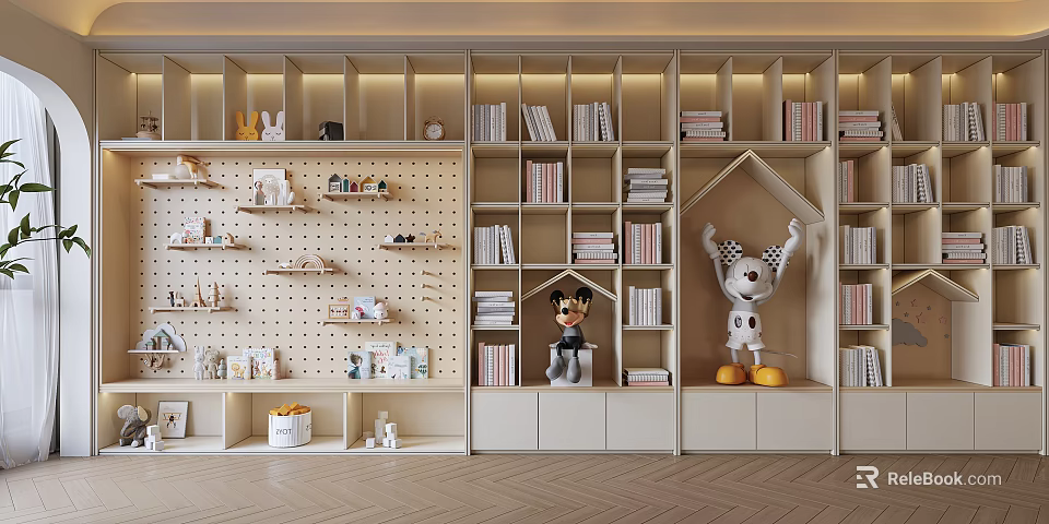Modern Open Bookcase With Multiple Shelves Books Stuffed Dolls And Decor 3d model