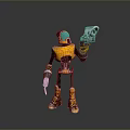 Yellow and Black Robot Character With Blue Helmet Holding Gun And Tool In Gray Background