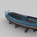 Traditional Wooden Boat with Blue Brown Hull Classic Design and Wooden Seats on Stands