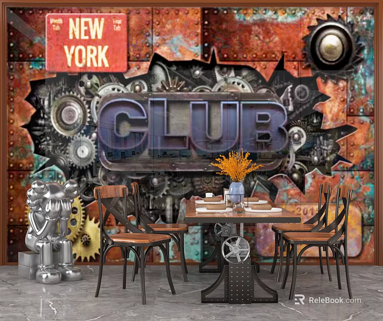 Industrial Style Cultural Wall With Gears And Club Elements In Dining Area 3d model 