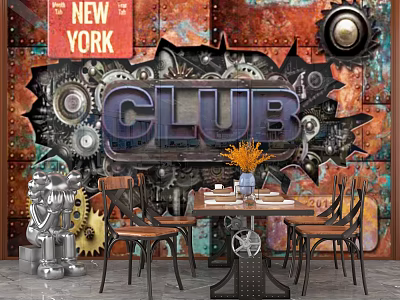 Industrial Style Cultural Wall With Gears And Club Elements In Dining Area 3d model