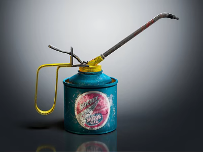 Vintage Blue Metal Oil Can With Yellow Handle And Metal Spout For Household Use 3d model
