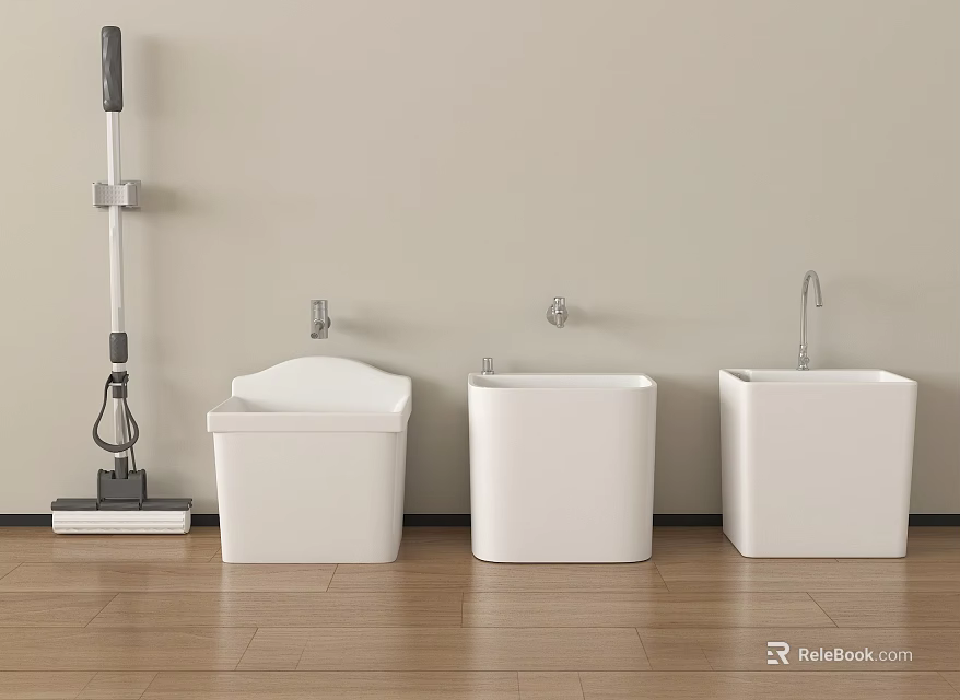 Modern Bathroom Accessories With White Square Basins Mop Light Wall And Wooden Floor 3d model 