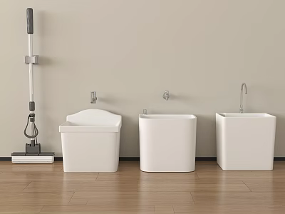 Modern Bathroom Accessories With White Square Basins Mop Light Wall And Wooden Floor 3d model