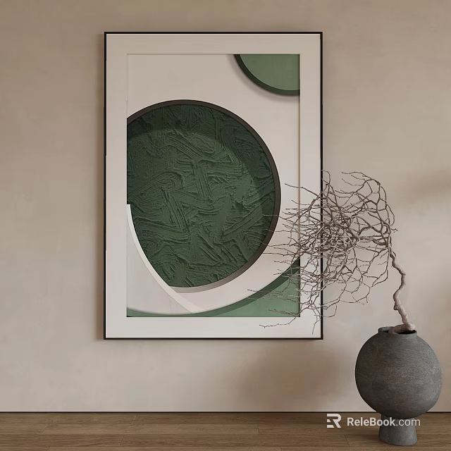 Abstract Wall Art With Green Geometric Patterns And Twig Vase 3d model