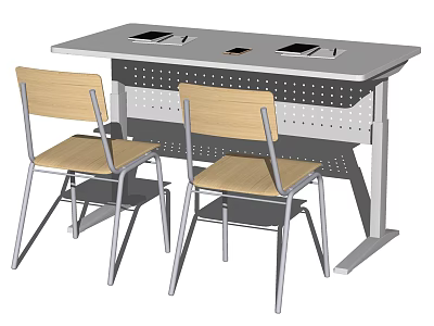 Modern Study Desk With Built in Openings Two Chairs Metal Frame And Perforated Panel 3d model