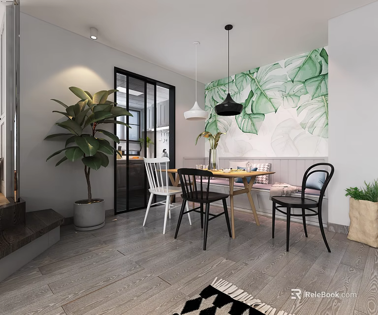 Modern Restaurant Interior With Green Leaf Mural Dining Table Chairs Hanging Lights and Potted Plants 3d model 