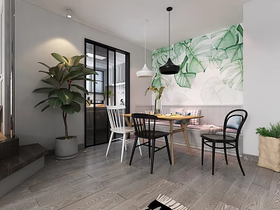 Modern Restaurant Interior With Green Leaf Mural Dining Table Chairs Hanging Lights and Potted Plants 3d model