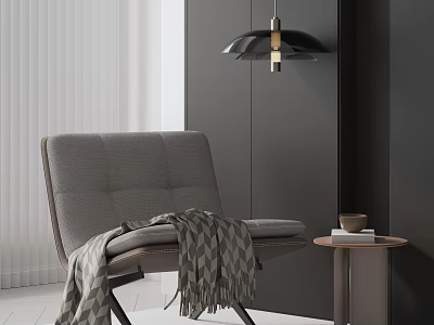 Gray Leisure Chair with Patterned Blanket and Side Table Holding Books and Cup 3d model