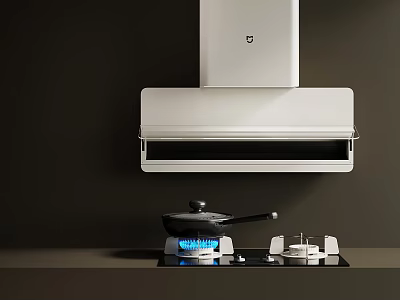 Modern Kitchen With Sleek Range Hood And Gas Stove Featuring Blue Flame 3d model