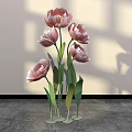 Floral Display With Pink Tulips Green Stems And Metal Bases On Gray Floor