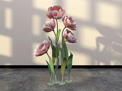 Floral Display With Pink Tulips Green Stems And Metal Bases On Gray Floor 3d model