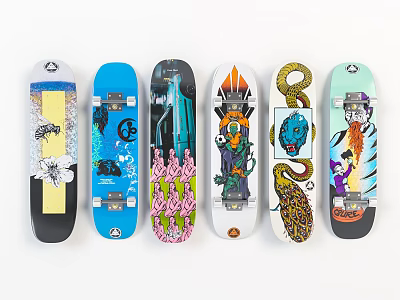 Assorted Skateboard Decks With Vibrant Artistic Graphics And Unique Designs 3d model