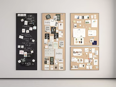 Creative Wall Mounted Display Boards With Notes Photos And Pinned Papers 3d model