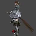 Armored Fantasy Warrior Woman Holding Sword And Shield With Red Object At Her Feet