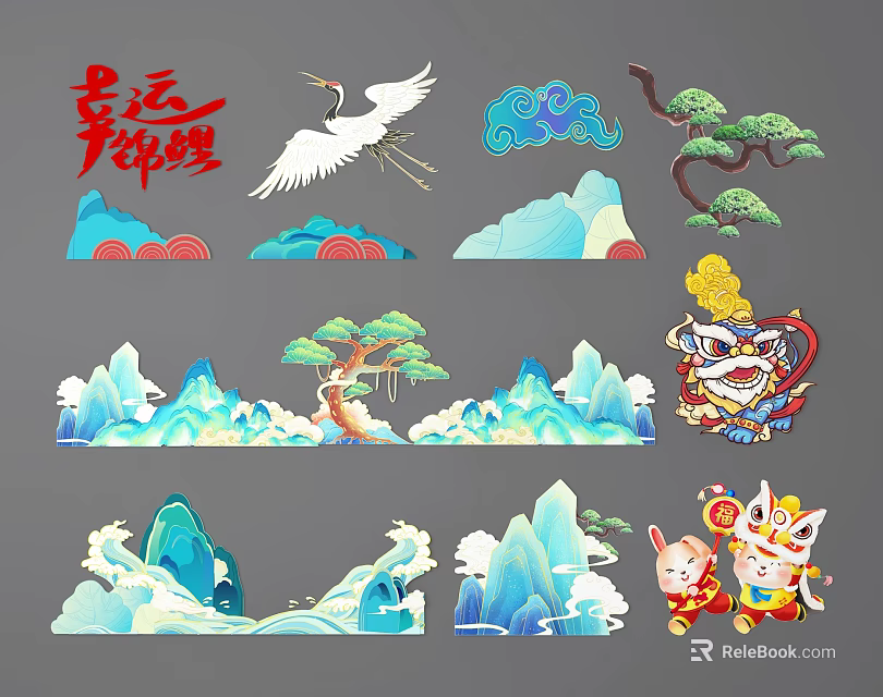 Traditional Chinese Style Sculptures With Crane Auspicious Clouds Pine Mountain Waves And Mythical Creature Elements 3d model