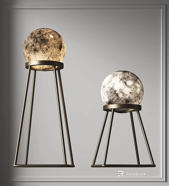 Modern Spherical Floor Lamps With Moon Textured Shades And Metal Tripod Bases 3d model 