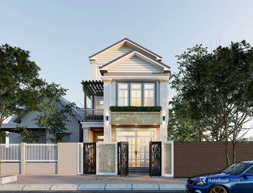 Elegant Two Story Detached Villa Exterior With Decorative Gate Driveway And Trees 3d model 