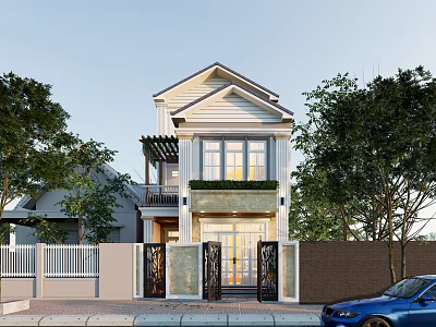 Elegant Two Story Detached Villa Exterior With Decorative Gate Driveway And Trees 3d model