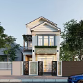 Elegant Two Story Detached Villa Exterior With Decorative Gate Driveway And Trees