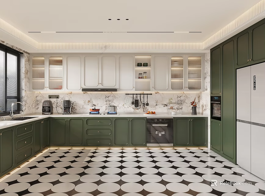 Modern Kitchen With Green White Cabinets Marble Countertops Black White Geometric Floor Tiles And Appliances 3d model 