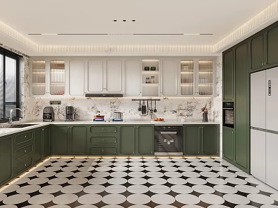 Modern Kitchen With Green White Cabinets Marble Countertops Black White Geometric Floor Tiles And Appliances 3d model