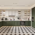Modern Kitchen With Green White Cabinets Marble Countertops Black White Geometric Floor Tiles And Appliances