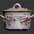 Porcelain Covered Pot With Pink Floral Decorations Gold Accents And Side Handles