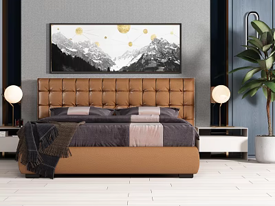 Double Bed With Brown Tufted Headboard Nightstands Lamps Wall Art And Potted Plant In Background 3d model