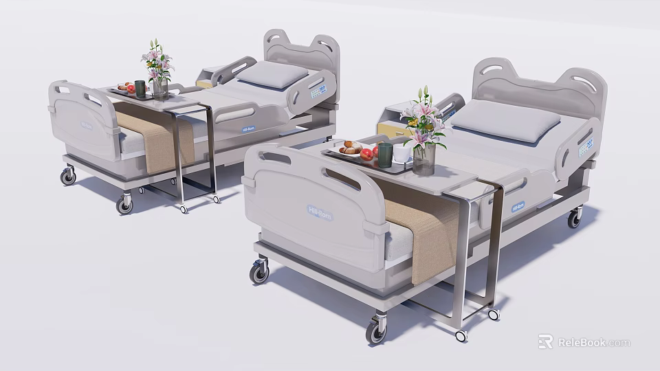 Adjustable Mobile Medical Beds With Tray Tables And Side Rails For Patient Care 3d model 
