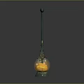 Ornate Green Metal Lantern With Handle Transparent Glass Globe Wing Shaped Decorations And Yellow Light