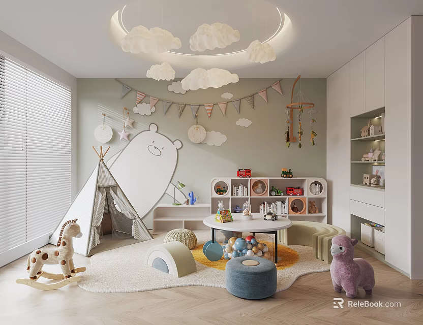 Children's Room Interior Design With Cloud Lamp Teepee Tent Rocking Horse Bookshelves And Plush Toys 3d model 